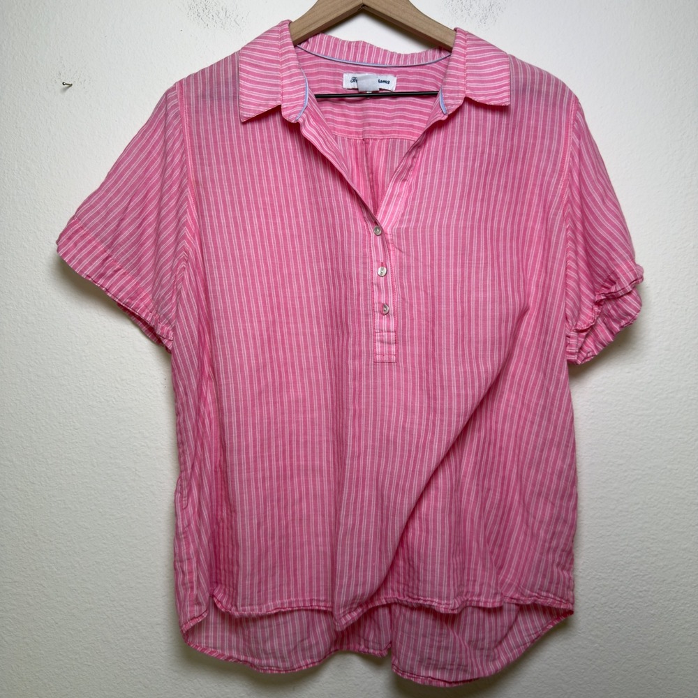 Tommy Bahama Women Cotton Amaranth Top Large Pink White Striped Henley Beach
